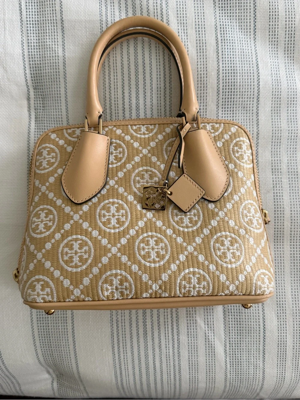 Tory Burch Cream and Light Blue Quilted Logo Satchel